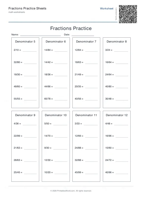 Free printable fractions practice sheet (2 digit), PDF download