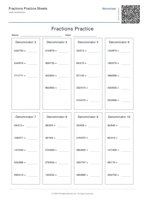 Free printable fractions practice sheet (to 10), PDF download