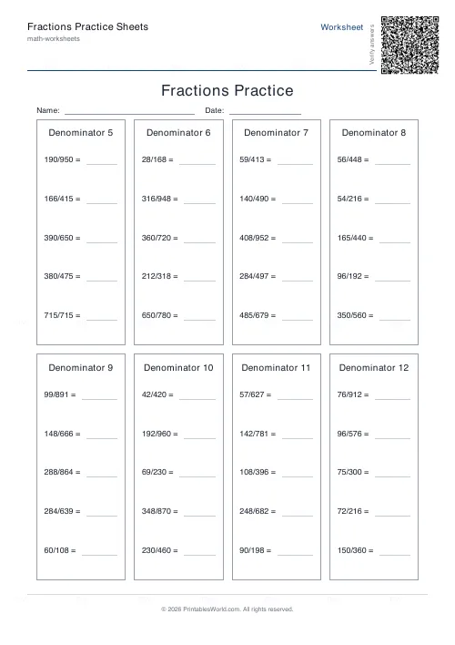 Free printable fractions practice sheet (to 12), PDF download