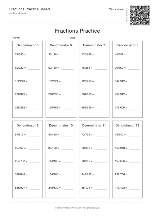 Free printable fractions practice sheet (Include), PDF download