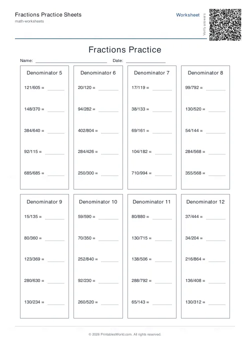 Free printable fractions practice sheet (Exclude), PDF download