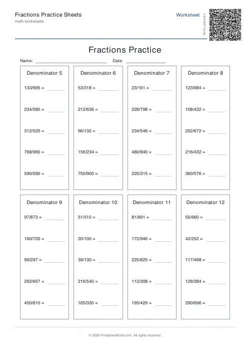Free printable fractions practice sheet (Table style, with answer key), PDF download
