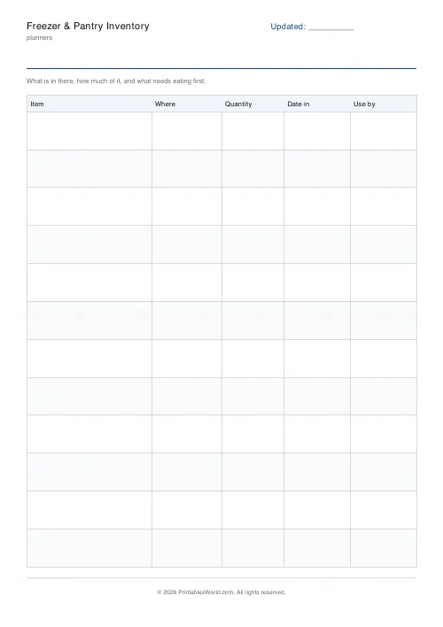 Free printable freezer and pantry inventory sheet (12 rows), PDF download