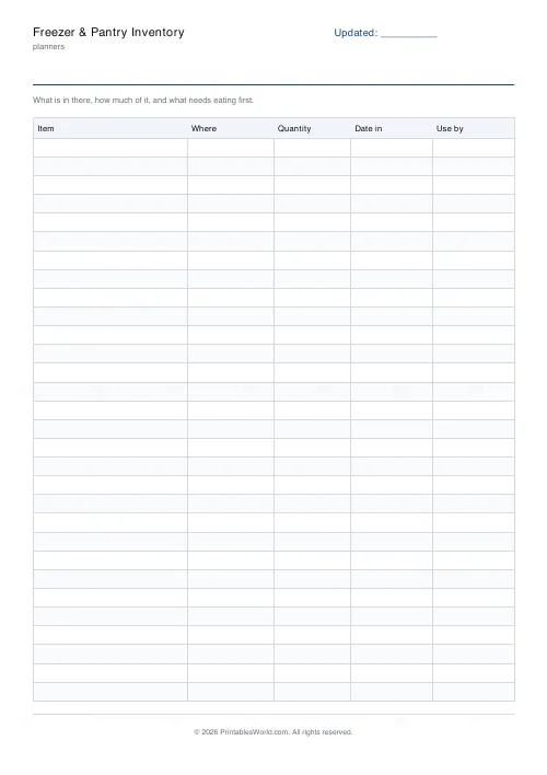 Free printable freezer and pantry inventory sheet (30 rows), PDF download