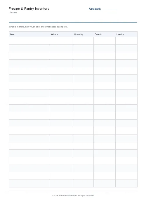 Free printable freezer and pantry inventory sheet (No name and date band), PDF download