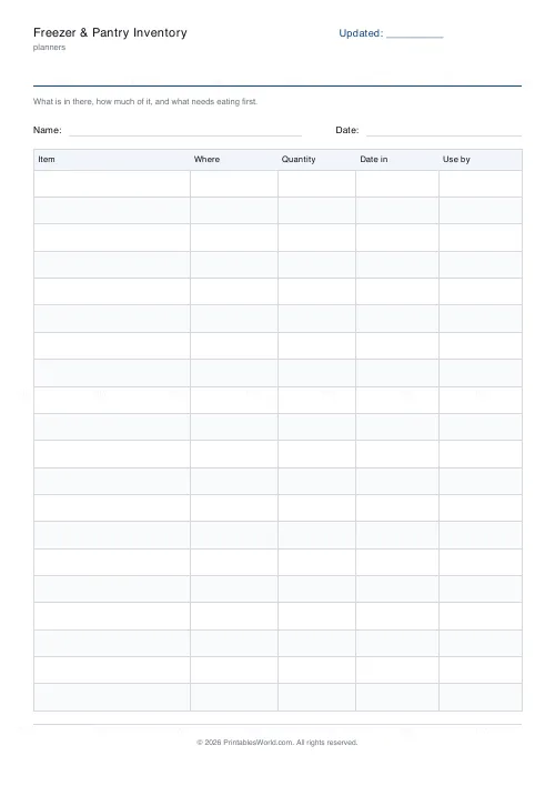 Free printable freezer and pantry inventory sheet (With a name and date band), PDF download