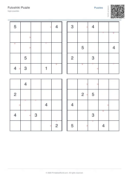Free printable futoshiki puzzle — with answer key — PDF download