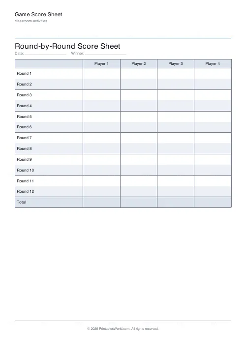 Free printable game score sheet (Round by round), PDF download