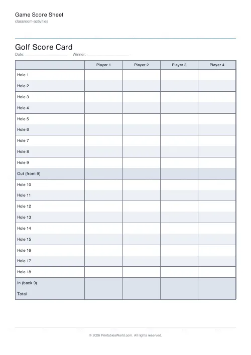 Free printable game score sheet (Golf), PDF download