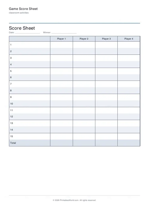 Free printable game score sheet (Blank), PDF download