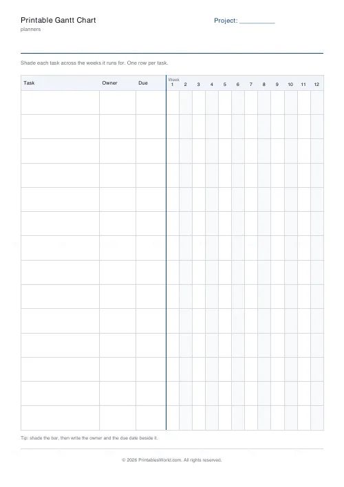 Free printable Gantt chart (By week), PDF download