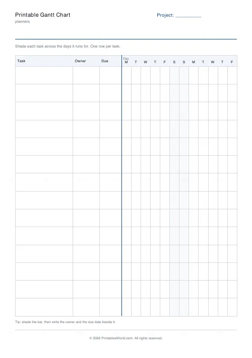 Free printable Gantt chart (By day), PDF download