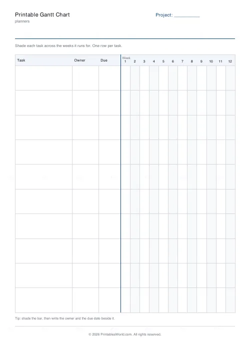 Free printable Gantt chart (10 tasks), PDF download