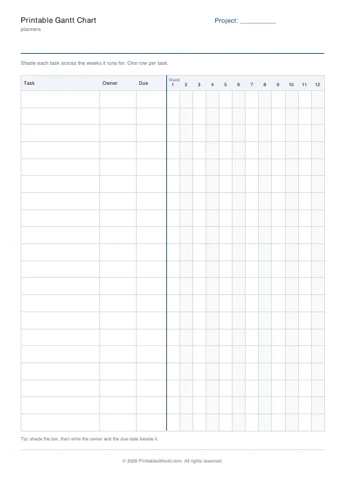 Free printable Gantt chart (20 tasks), PDF download