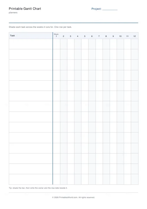 Free printable Gantt chart (Task names only), PDF download