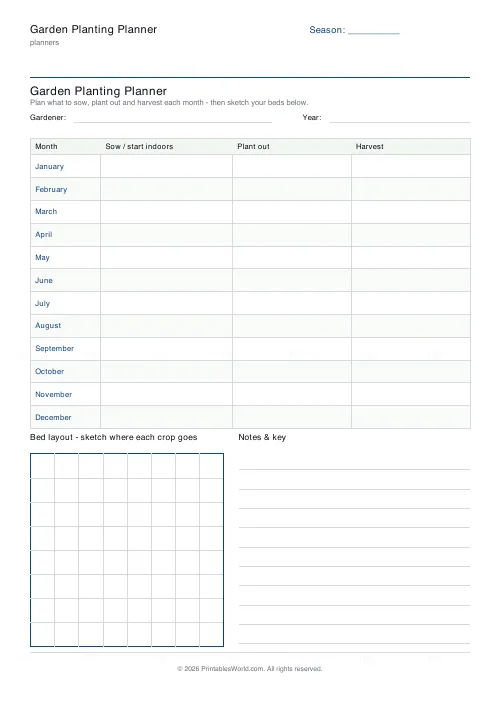 Free printable garden planting planner (8×8 bed grid), PDF download