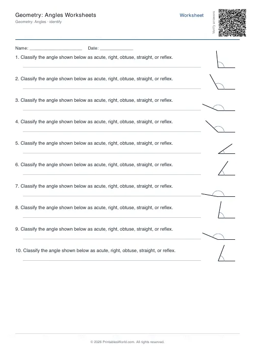 Free printable geometry angles worksheet — Identify — PDF download