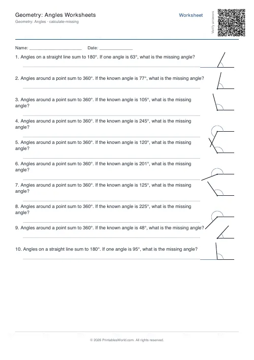 Free printable geometry angles worksheet — Calculate missing, with answer key — PDF download