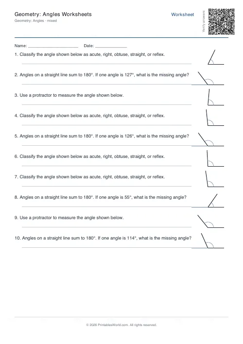 Free printable geometry angles worksheet — Mixed, with answer key — PDF download