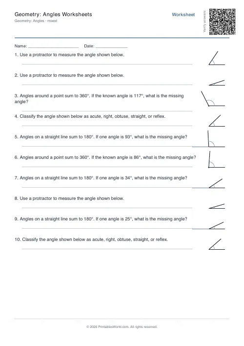 Free printable geometry angles worksheet — 60 deg, with answer key — PDF download