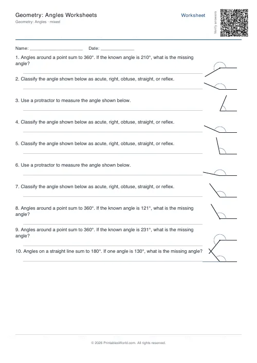 Free printable geometry angles worksheet — 180 deg, with answer key — PDF download