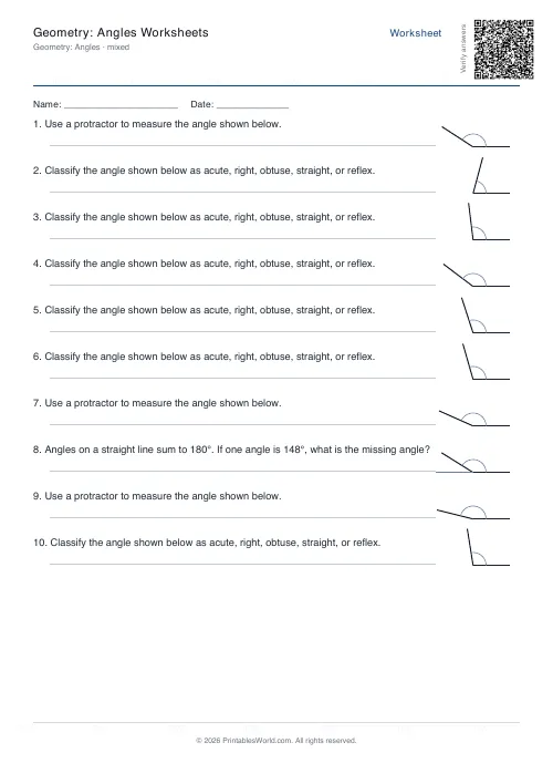 Free printable geometry angles worksheet — 360 deg, with answer key — PDF download