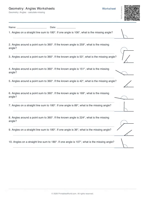 Free printable geometry angles worksheet — Calculate missing — PDF download