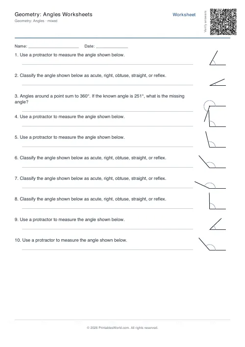 Free printable geometry angles worksheet — 180 deg — PDF download