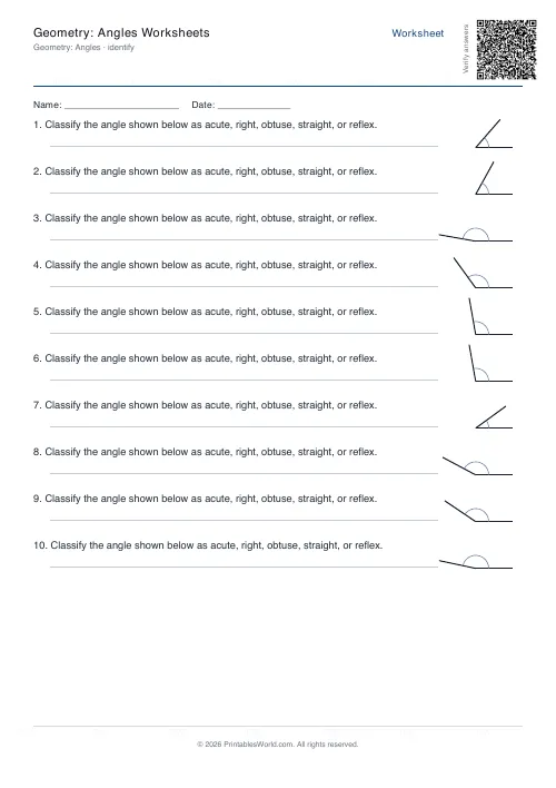 Free printable geometry angles worksheet — Identify, with answer key — PDF download