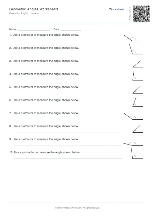 Free printable geometry angles worksheet — Measure, with answer key — PDF download