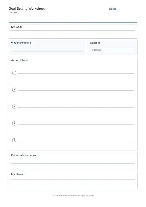 Free printable goal setting worksheet (5 steps), PDF download