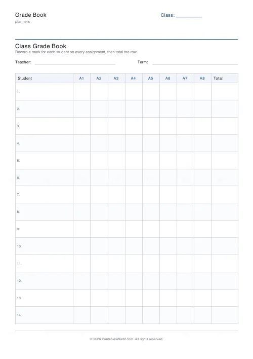 Free printable grade book (14 students), PDF download