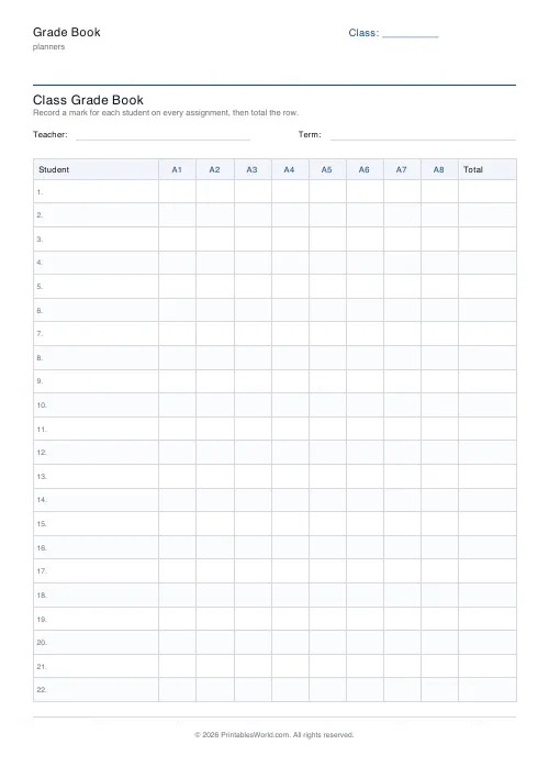 Free printable grade book (22 students), PDF download
