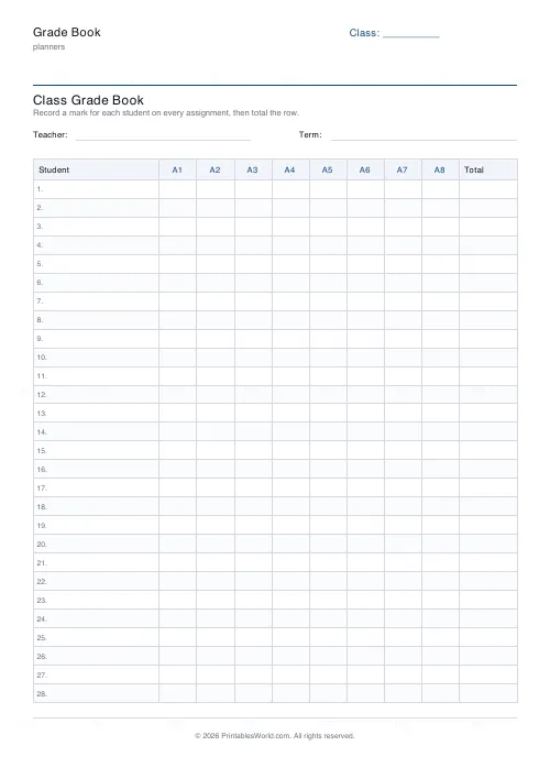 Free printable grade book (28 students), PDF download