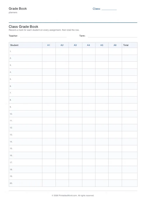 Free printable grade book (6 assignments), PDF download