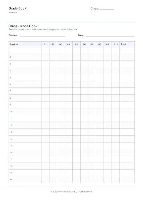 Free printable grade book (10 assignments), PDF download