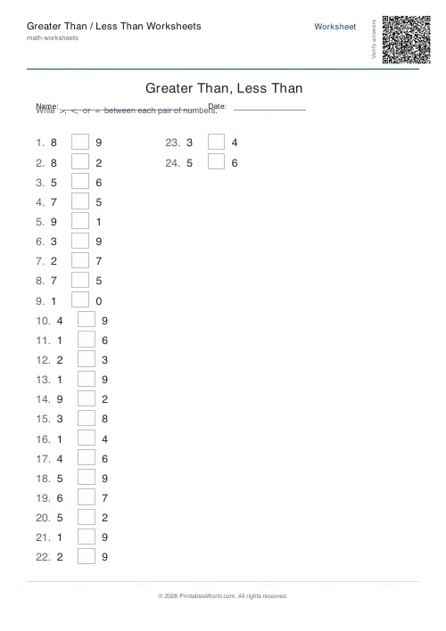Free printable greater than / less than worksheet — 1-digit — PDF download