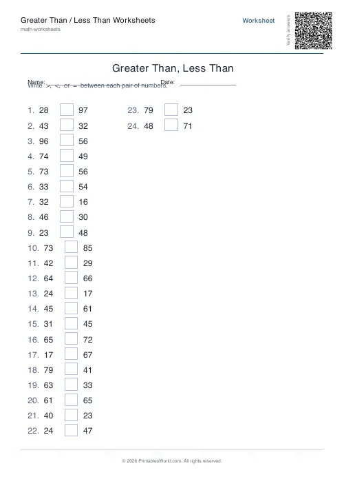 Free printable greater than / less than worksheet — 2-digit, with answer key — PDF download