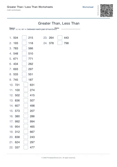 Free printable greater than / less than worksheet — 3-digit, with answer key — PDF download