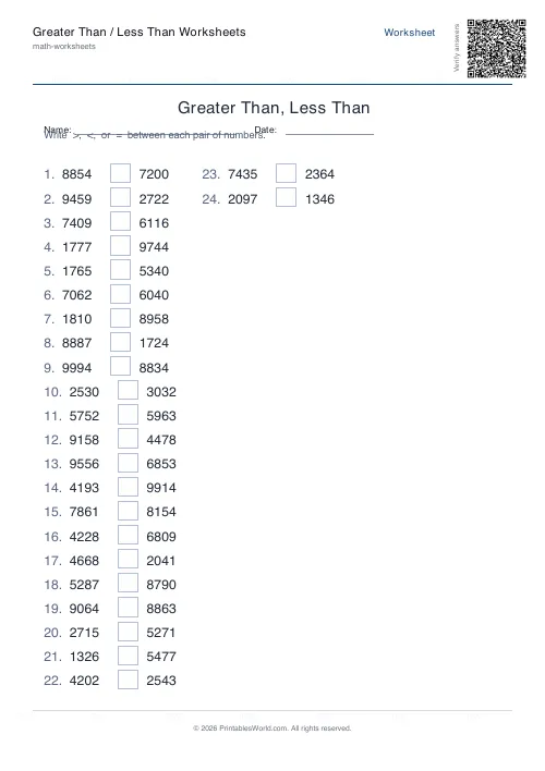 Free printable greater than / less than worksheet — 4-digit, with answer key — PDF download