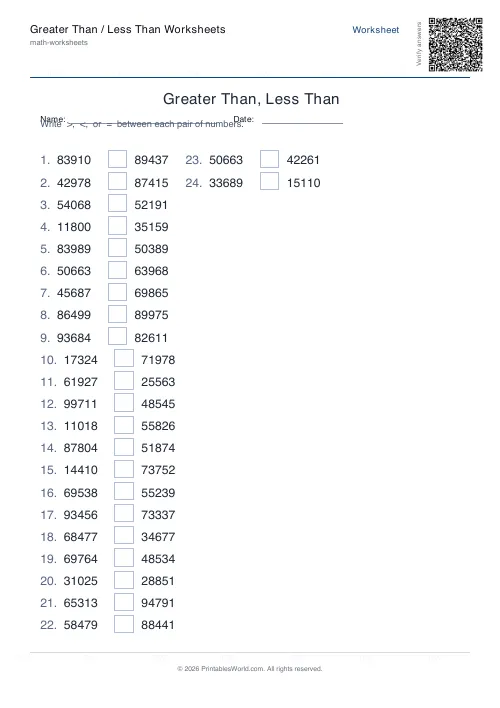 Free printable greater than / less than worksheet — 5-digit, with answer key — PDF download