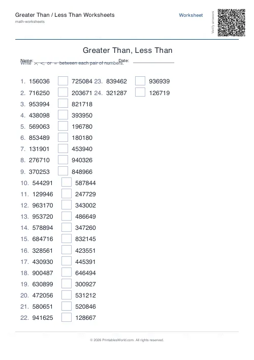 Free printable greater than / less than worksheet — 6-digit, with answer key — PDF download
