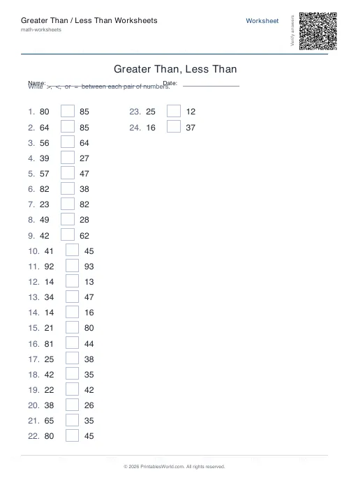 Free printable greater than / less than worksheet — 2-digit — PDF download