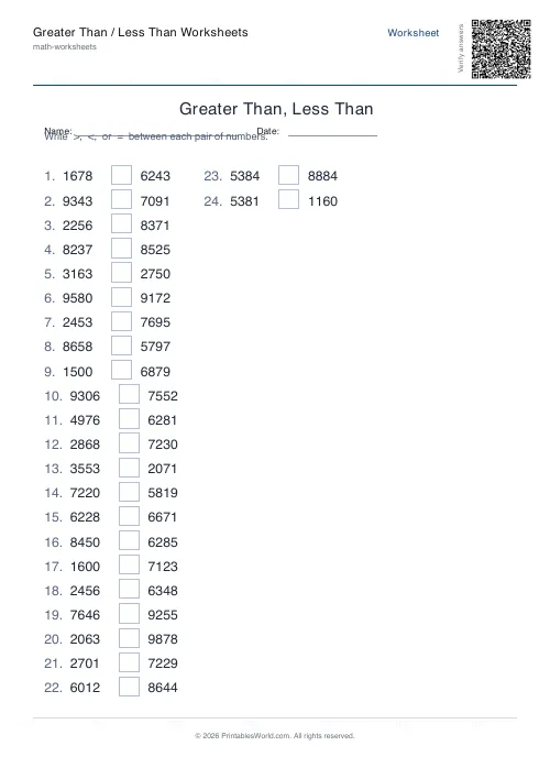 Free printable greater than / less than worksheet — 4-digit — PDF download