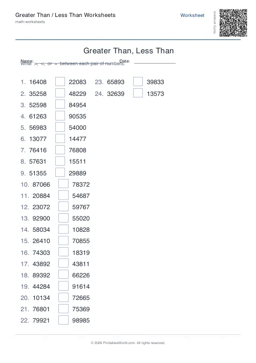 Free printable greater than / less than worksheet — 5-digit — PDF download