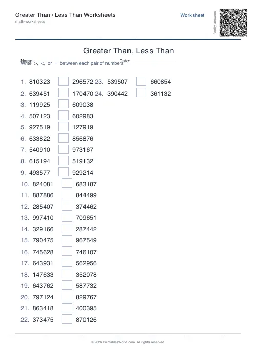 Free printable greater than / less than worksheet — 6-digit — PDF download