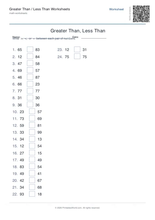 Free printable greater than / less than worksheet — With = — PDF download