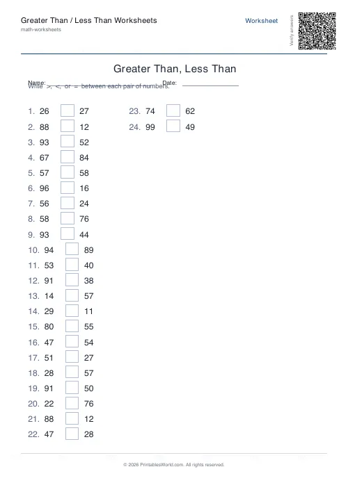 Free printable greater than / less than worksheet — Without = — PDF download