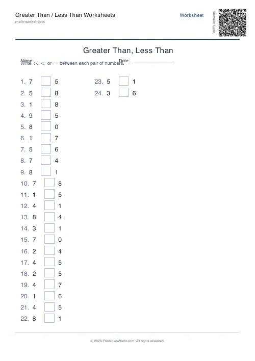 Free printable greater than / less than worksheet — 1-digit, with answer key — PDF download