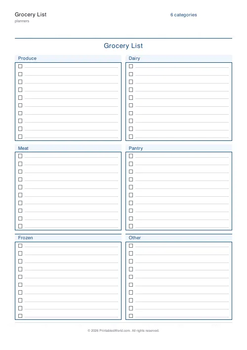 Free printable grocery list — 10 per category — PDF download